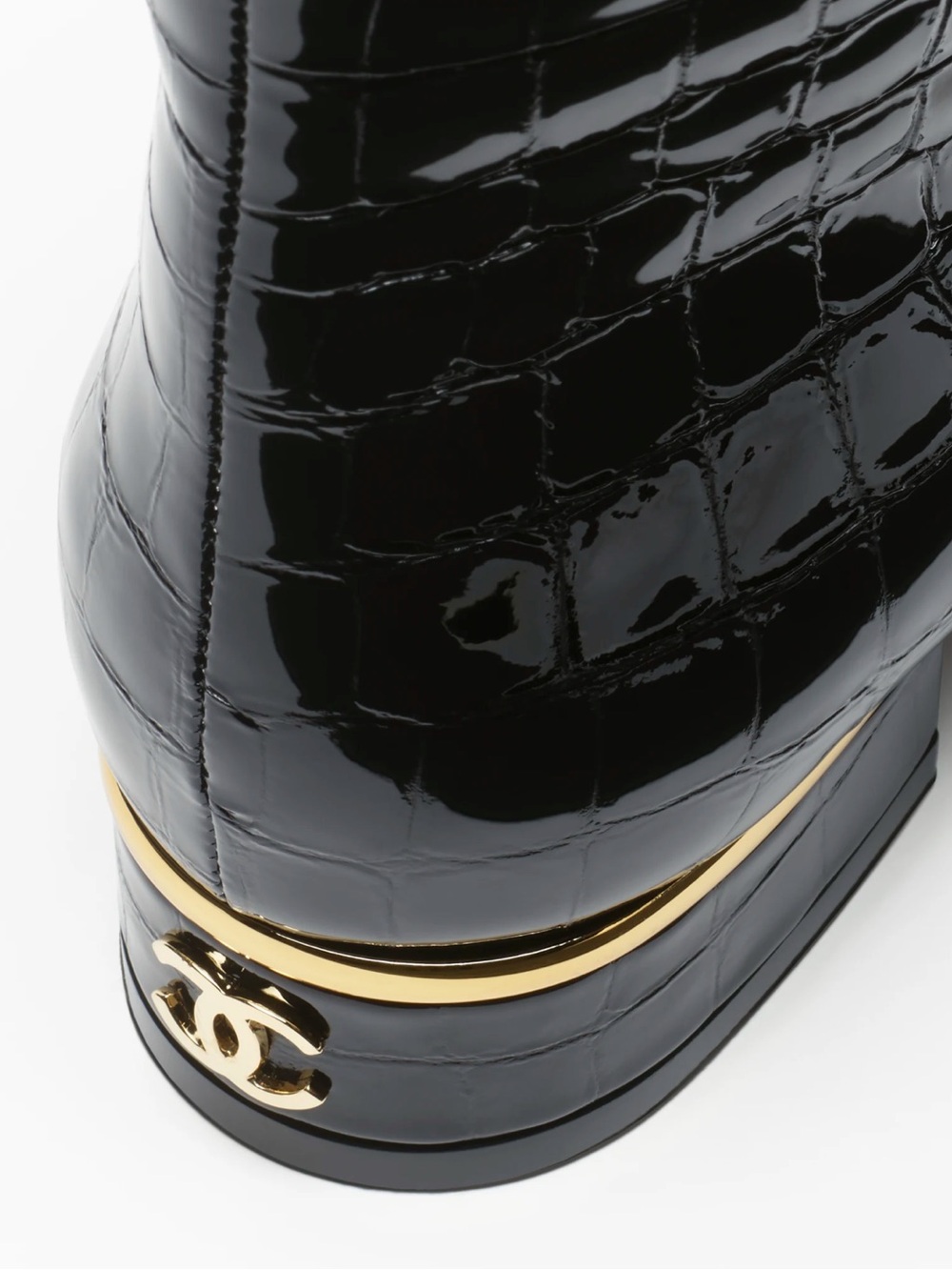 Chanel Black Croc-Embossed Patent Leather Knee Boots - Picture 3 of 3